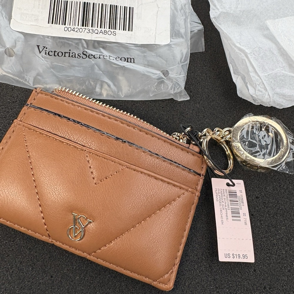 Victoria's Secret‎ Zipper Card Case Wallet Keyring- Brown& Gold / New With Tags